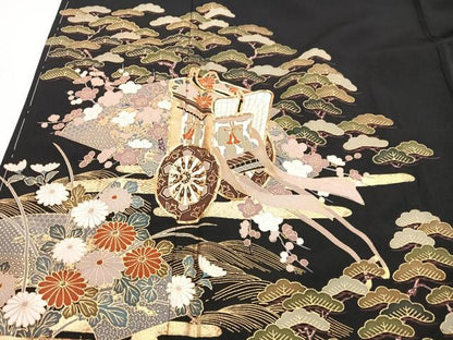 平和屋着物■豪華黒留袖 駒刺繍 御所車浜松文 金彩 正絹 逸品 CABG6464xe