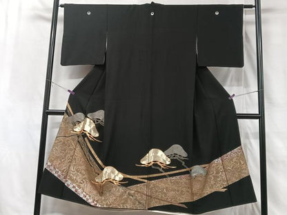 平和屋着物■豪華黒留袖 駒刺繍 更紗花鳥文 正絹 逸品 CABG6471xe