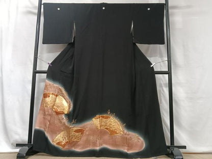 平和屋着物■豪華黒留袖 地紙花文 暈し染め 金彩 正絹 逸品 CABG6473xe