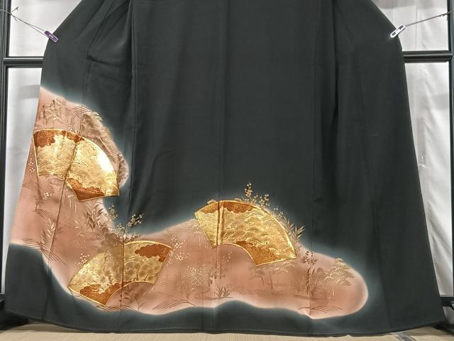 平和屋着物■豪華黒留袖 地紙花文 暈し染め 金彩 正絹 逸品 CABG6473xe