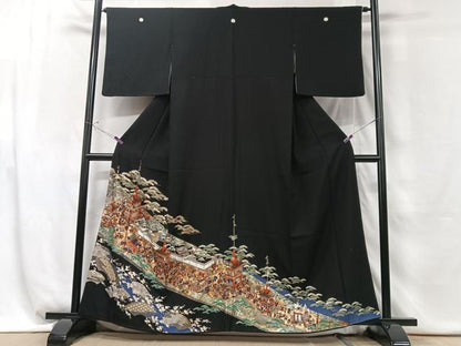 平和屋着物■豪華黒留袖 駒刺繍 人物風景文 金彩 正絹 逸品 CABG6475xe