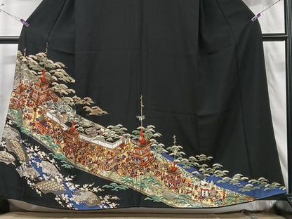 平和屋着物■豪華黒留袖 駒刺繍 人物風景文 金彩 正絹 逸品 CABG6475xe