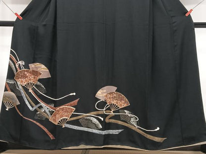 平和屋着物■豪華黒留袖　駒刺繍　扇面吉祥文　正絹　逸品　CABG6497xe