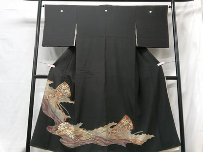 平和屋着物■豪華黒留袖　駒刺繍　扇面花文　金彩　正絹　逸品　CABG6546xe
