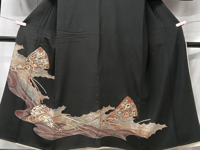 平和屋着物■豪華黒留袖　駒刺繍　扇面花文　金彩　正絹　逸品　CABG6546xe