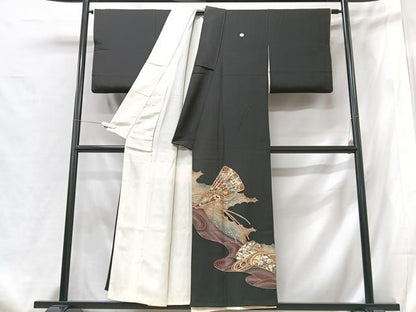 平和屋着物■豪華黒留袖　駒刺繍　扇面花文　金彩　正絹　逸品　CABG6546xe