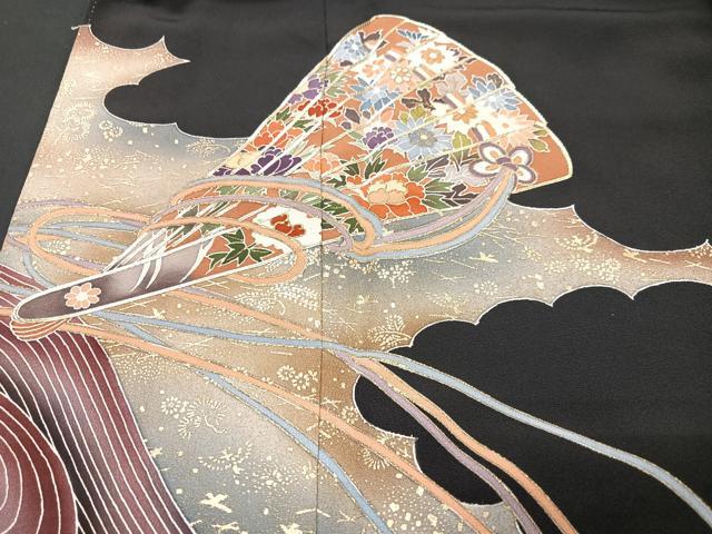 平和屋着物■豪華黒留袖　駒刺繍　扇面花文　金彩　正絹　逸品　CABG6546xe