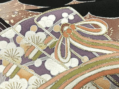 平和屋着物■豪華黒留袖　駒刺繍　扇面花文　金彩　正絹　逸品　CABG6546xe