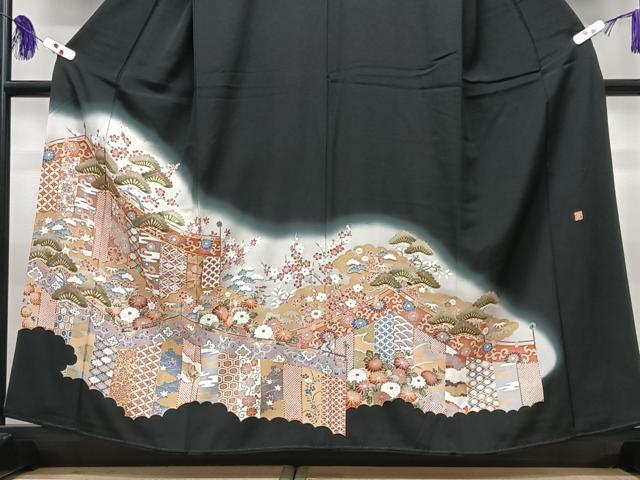 平和屋着物■豪華黒留袖　擦過物　駒刺繍　吉祥更紗松文　暈し染め　金彩　正絹　逸品　CABG6593xe