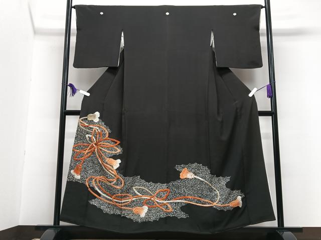 平和屋着物■豪華黒留袖　刺繍　結び紐　たたき染め　正絹　逸品　CABG6595xe