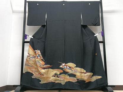 平和屋着物■豪華黒留袖　擦過物　駒刺繍　扇面吉祥花文　金彩　正絹　逸品　CABG6603xe