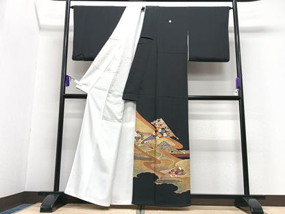 平和屋着物■豪華黒留袖　擦過物　駒刺繍　扇面吉祥花文　金彩　正絹　逸品　CABG6603xe