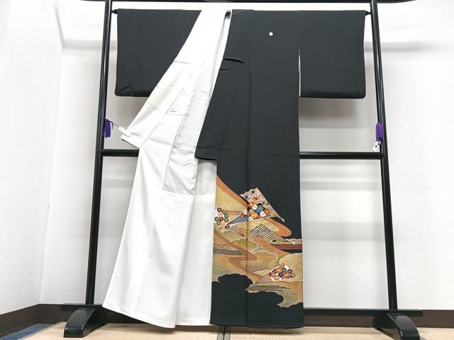 平和屋着物■豪華黒留袖　擦過物　駒刺繍　扇面吉祥花文　金彩　正絹　逸品　CABG6603xe