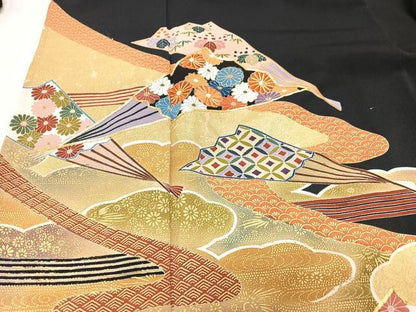 平和屋着物■豪華黒留袖　擦過物　駒刺繍　扇面吉祥花文　金彩　正絹　逸品　CABG6603xe
