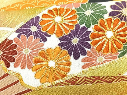 平和屋着物■豪華黒留袖　擦過物　駒刺繍　扇面吉祥花文　金彩　正絹　逸品　CABG6603xe