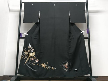 平和屋着物■豪華黒留袖　刺繍　流水花鳥文　金彩　正絹　逸品　CABG6628xe