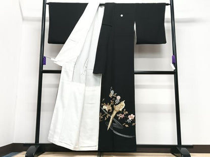 平和屋着物■豪華黒留袖　刺繍　流水花鳥文　金彩　正絹　逸品　CABG6628xe