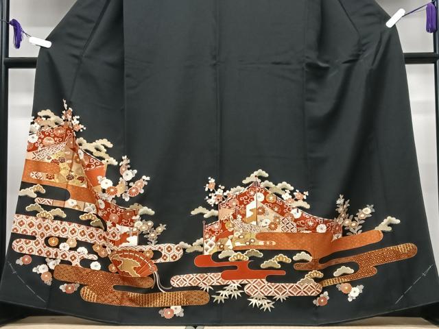 平和屋着物■豪華黒留袖　駒刺繍　花唐草松文　正絹　逸品　CABG6640xe
