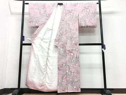 平和屋着物■上質な小紋　流水草花文　鬼しぼ縮緬　正絹　逸品　CABG6644xe