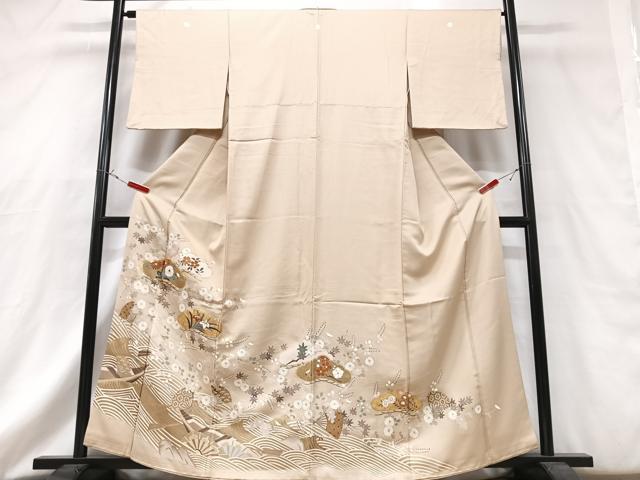 平和屋着物■豪華色留袖　駒刺繍　立波扇面花文　金彩　正絹　逸品　CABG6695xe