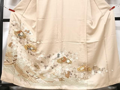 平和屋着物■豪華色留袖　駒刺繍　立波扇面花文　金彩　正絹　逸品　CABG6695xe