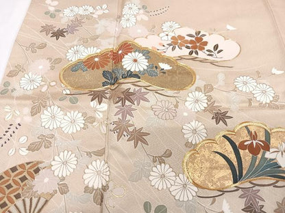 平和屋着物■豪華色留袖　駒刺繍　立波扇面花文　金彩　正絹　逸品　CABG6695xe