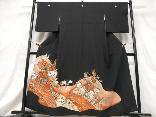 平和屋着物■豪華黒留袖　駒刺繍　御所車花文　金彩　正絹　逸品　CABG6717xe