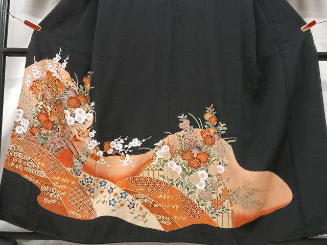 平和屋着物■豪華黒留袖　駒刺繍　御所車花文　金彩　正絹　逸品　CABG6717xe