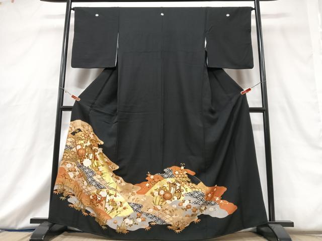 平和屋着物■豪華黒留袖　御所車草花文　金彩　正絹　逸品　CABG6718xe
