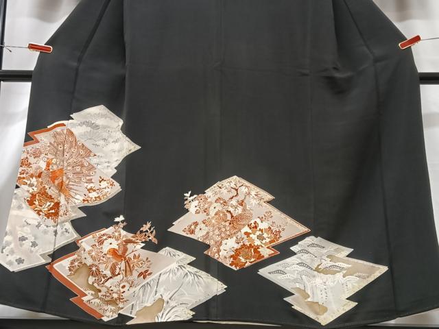 平和屋着物■豪華黒留袖　駒刺繍　孔雀花文　金彩　正絹　逸品　CABG6723xe