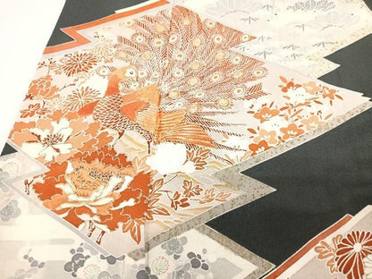 平和屋着物■豪華黒留袖　駒刺繍　孔雀花文　金彩　正絹　逸品　CABG6723xe