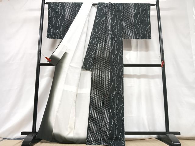 平和屋着物■小紋 草花文 黒地 洗える着物 CABG6730xe