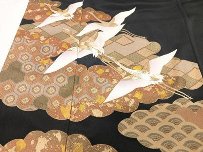 平和屋着物■豪華黒留袖 駒刺繍 飛鶴吉祥花文 金彩 正絹 逸品 CABG6736xe