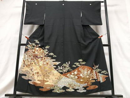 平和屋着物■豪華黒留袖　飛鶴花唐草松文　金彩　正絹　逸品　CABG6756xe