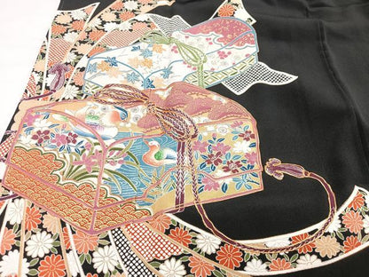 平和屋着物■豪華黒留袖　文箱短冊花鳥文　金彩　正絹　逸品　CABG6769xe