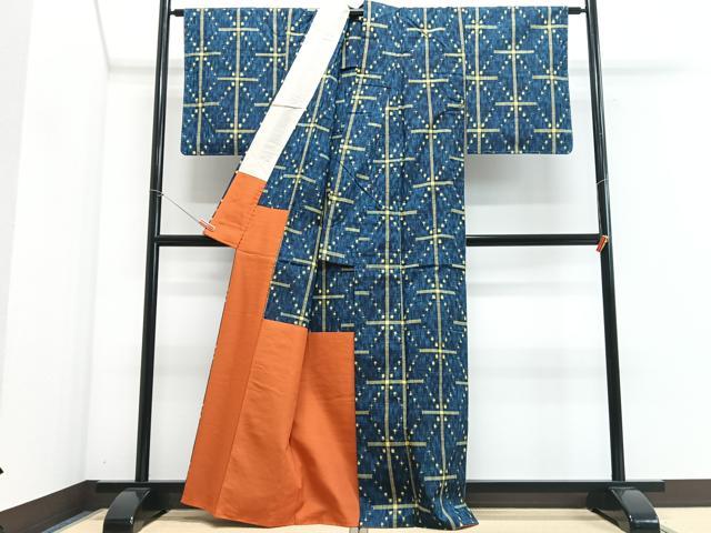 平和屋着物■上質な紬　幾何学文様　胴抜き仕立て　正絹　逸品　CABG6776xe