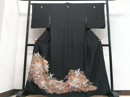 平和屋着物■黒留袖　尾長鳥浜松文　金彩　洗える着物　CABG6792xe