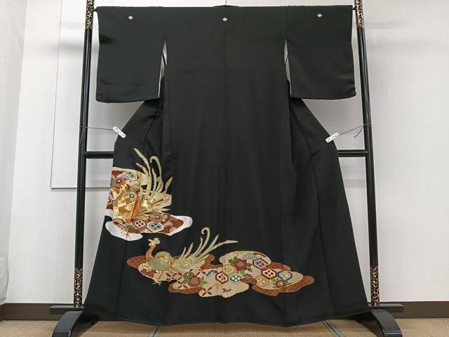 平和屋着物■豪華黒留袖　駒刺繍　尾長鳥花文　金彩　正絹　逸品　CABG6809xi