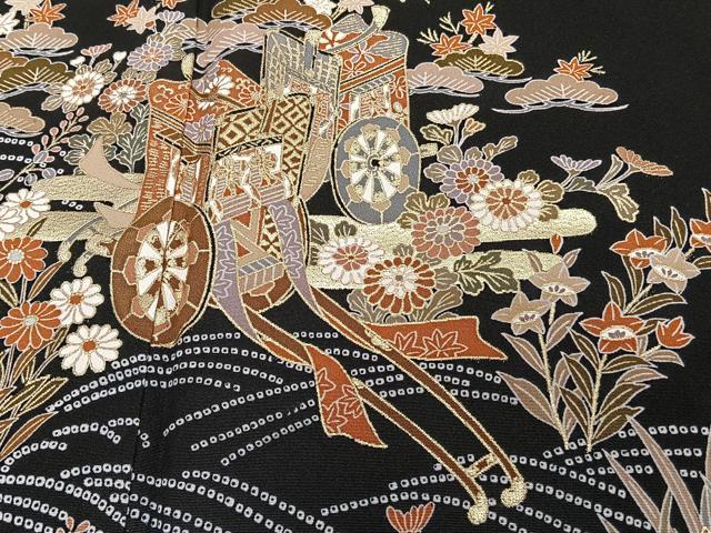 平和屋着物■黒留袖　波車松花文　金彩　洗える着物　CABG6811xi