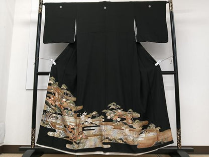 平和屋着物■豪華黒留袖　駒刺繍　籬車花文　金銀彩　正絹　逸品　CABG6833xi