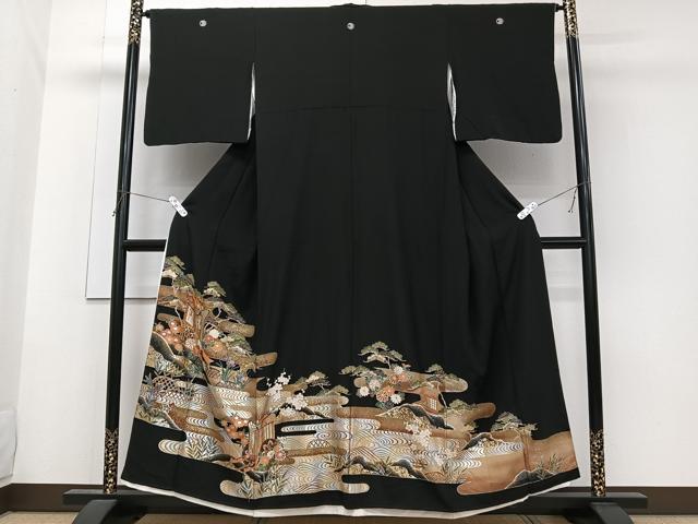平和屋着物■豪華黒留袖　駒刺繍　籬車花文　金銀彩　正絹　逸品　CABG6833xi
