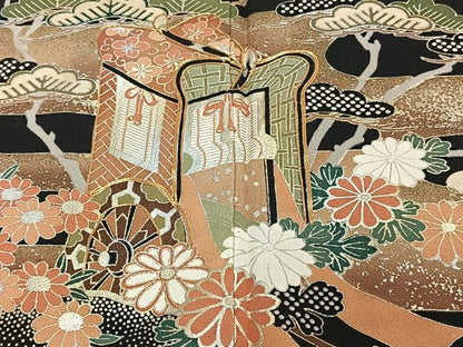平和屋着物■豪華黒留袖　駒刺繍　籬車花文　金銀彩　正絹　逸品　CABG6833xi