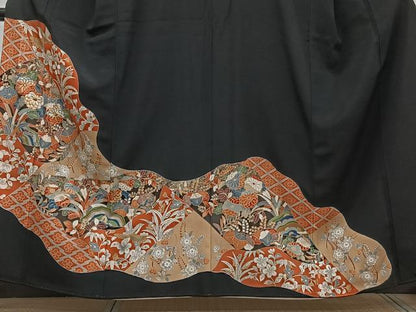 平和屋着物■豪華黒留袖　駒刺繍　道長花鳥文　金彩　正絹　逸品　CABG6835xi