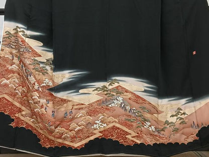 平和屋着物■豪華黒留袖　渡橋人物船文　金彩　正絹　逸品　CABG6872xi