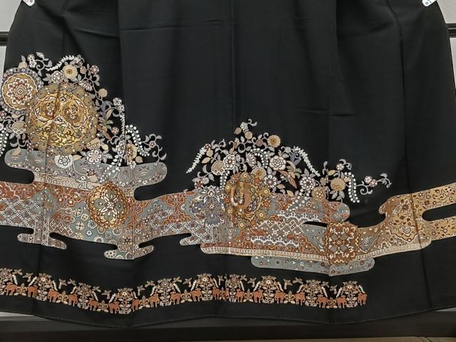 平和屋着物■豪華黒留袖　駒刺繍　鏡浦鳳凰花文　金彩　正絹　逸品　CABG6893xi