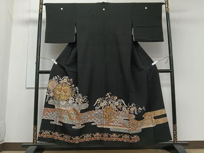 平和屋着物■豪華黒留袖　駒刺繍　鏡浦鳳凰花文　金彩　正絹　逸品　CABG6893xi