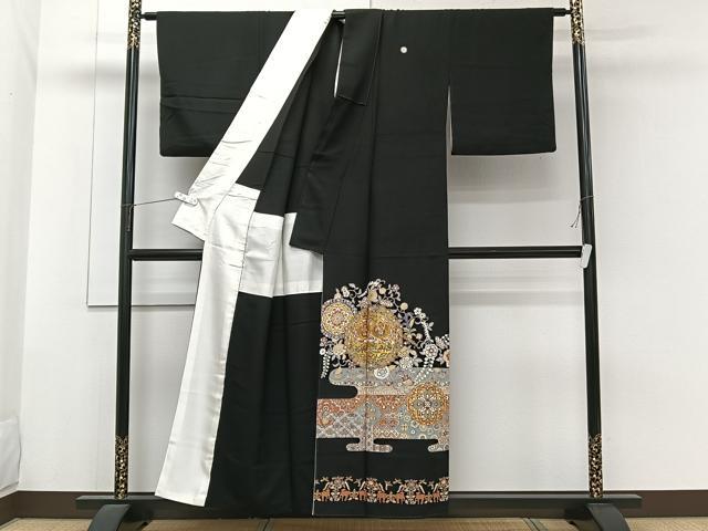 平和屋着物■豪華黒留袖　駒刺繍　鏡浦鳳凰花文　金彩　正絹　逸品　CABG6893xi