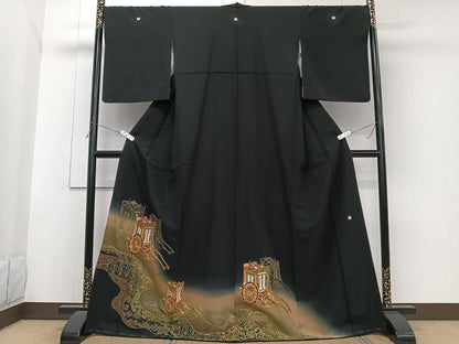 平和屋着物■豪華黒留袖　泰常　駒刺繍　道長車花文　暈し染め　金彩　正絹　逸品　未使用　CABG6895xi
