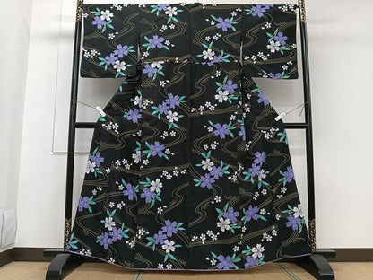 平和屋着物■小紋　流水草花文　黒地　胴抜き仕立て　洗える着物　CABG6931xi