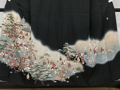 平和屋着物■豪華黒留袖　御所車人物風景文　松竹梅　暈し染め　金通し地　正絹　逸品　CABG6952xi